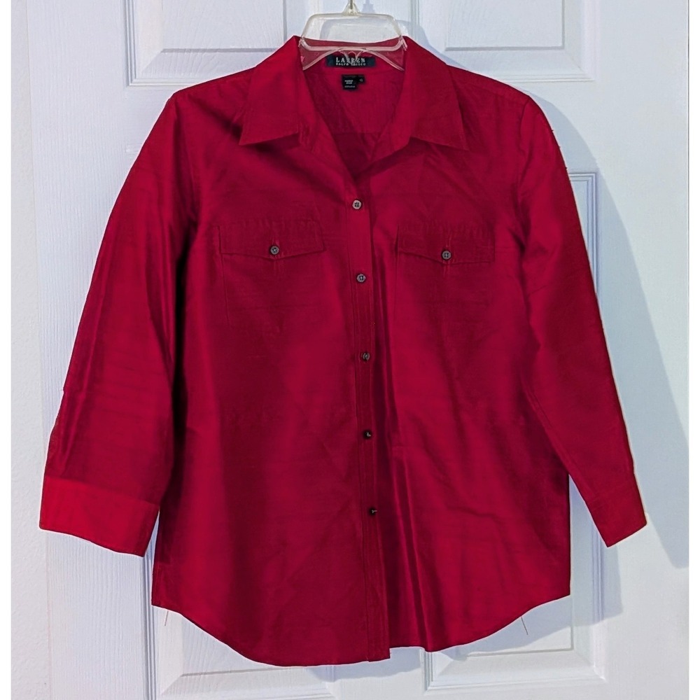 Lauren Ralph Lauren Red Silk Button Front Shirt Blouse Top Women's Size 10 NWOT